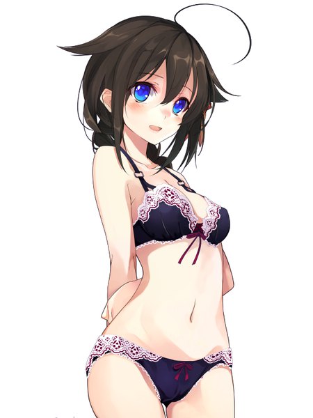 Anime picture 600x800 with kantai collection shigure destroyer shirokitsune single long hair tall image looking at viewer blush fringe blue eyes light erotic smile hair between eyes brown hair standing white background ahoge braid (braids) underwear only single braid