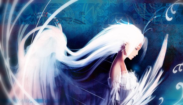 Anime picture 1200x688 with original yaichino (artist) single wide image bare shoulders brown eyes white hair very long hair profile pointy ears blue background girl earrings wings