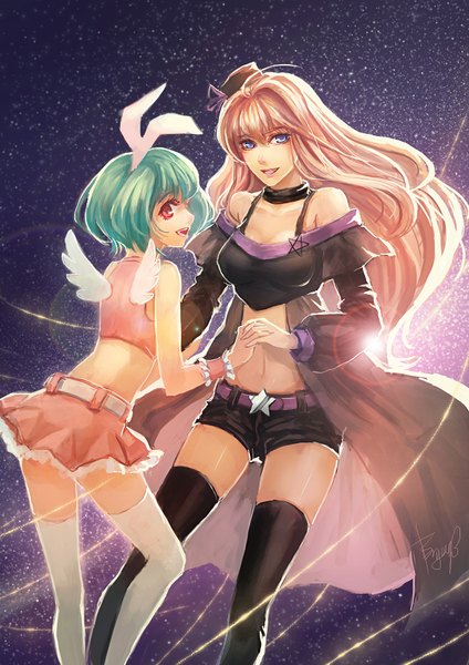 Anime picture 1200x1697 with macross macross frontier sheryl nome ranka lee bryanth long hair tall image short hair open mouth blue eyes red eyes multiple girls signed animal ears pink hair looking back sunlight aqua hair bunny ears holding hands