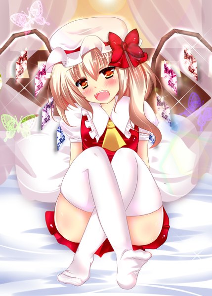 Anime picture 1000x1399 with touhou flandre scarlet rikatan single tall image blush short hair open mouth light erotic blonde hair red eyes girl thighhighs dress bow white thighhighs wings bonnet crystal