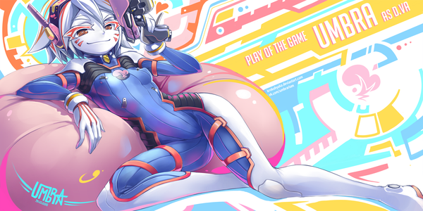 Anime picture 2160x1080 with overwatch original blizzard entertainment krokobyaka single looking at viewer highres short hair light erotic smile red eyes wide image tail lying multicolored hair two-tone hair d.va (overwatch) (cosplay) girl gloves weapon