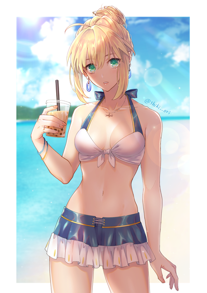 Anime picture 1000x1414 with fate (series) fate/grand order artoria pendragon (all) artoria pendragon (swimsuit archer) (fate) orii (orii i) single tall image looking at viewer blush fringe short hair breasts light erotic blonde hair hair between eyes standing bare shoulders holding green eyes signed
