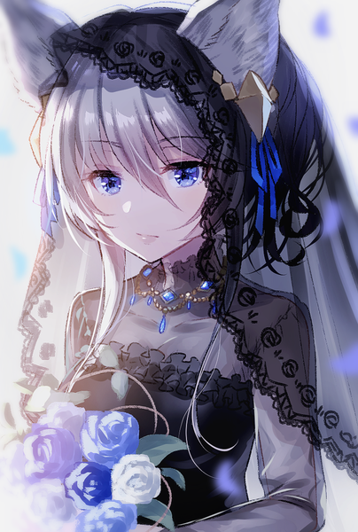 Anime picture 766x1138 with original myusha single long hair tall image looking at viewer fringe blue eyes hair between eyes holding animal ears silver hair upper body long sleeves sunlight blurry girl dress hair ornament flower (flowers)