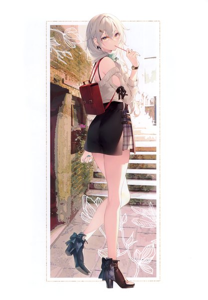 Anime picture 2406x3464 with original toosaka asagi single long hair tall image looking at viewer fringe highres hair between eyes standing holding yellow eyes silver hair full body arm up fingernails scan off shoulder high heels border