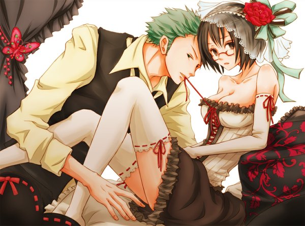 Anime picture 1100x818 with one piece toei animation roronoa zoro tashigi short hair light erotic brown hair brown eyes cleavage hair flower green hair couple mouth hold girl thighhighs boy hair ornament detached sleeves shirt glasses