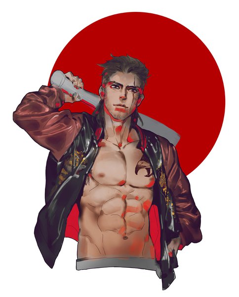 Anime picture 807x1000 with final fantasy final fantasy xv square enix gladiolus amicitia 111111111 (leiyao) single tall image short hair brown hair white background upper body realistic open jacket tattoo scar muscle hand in pocket abs boy jacket