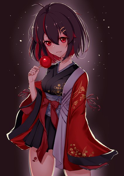 Anime picture 2480x3507 with honkai impact 3rd benghuai xueyuan honkai (series) seele vollerei timmoo single tall image looking at viewer blush fringe highres short hair open mouth black hair simple background smile hair between eyes red eyes standing holding