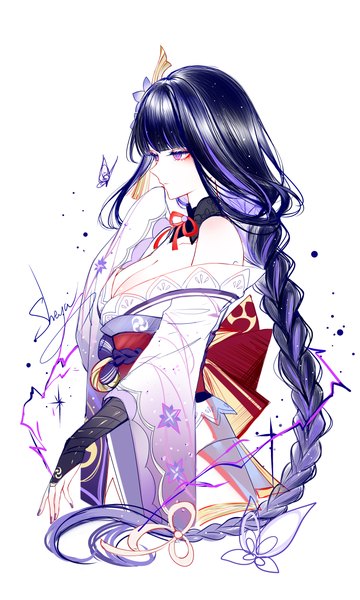 Anime picture 3300x5500 with genshin impact raiden shogun sheya single long hair tall image highres breasts light erotic black hair simple background large breasts white background purple eyes signed looking away absurdres cleavage upper body braid (braids)