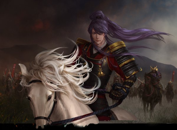Anime picture 1400x1031 with vocaloid kamui gakupo auau long hair looking at viewer fringe blue eyes purple hair ponytail mountain serious battle riding warrior boy plant (plants) animal armor blood grass