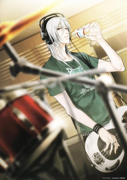 Anime picture 2123x3000 with nitro+chiral naitou-kun single long hair tall image looking at viewer highres open mouth red eyes standing white hair boy headphones jewelry ring t-shirt bottle guitar bass guitar drum