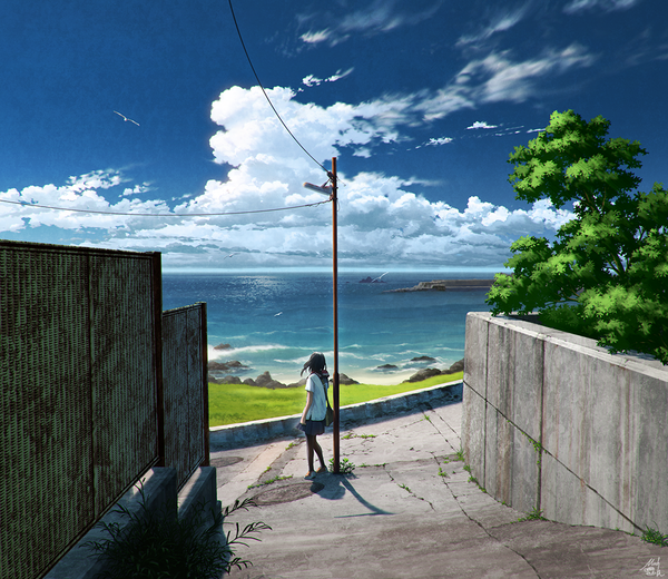 Anime picture 1100x955 with original mocha (cotton) single long hair black hair standing sky cloud (clouds) full body outdoors pleated skirt wind from behind horizon street seaside girl skirt uniform plant (plants)