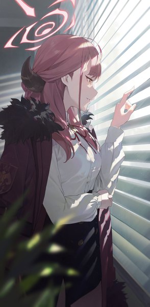 Anime picture 2976x6070 with blue archive aru (blue archive) modare single long hair tall image fringe highres standing yellow eyes looking away pink hair blunt bangs long sleeves parted lips profile arm up horn (horns) sunlight blurry