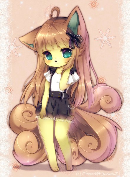 Anime picture 1606x2185 with original midna01 single long hair tall image blush brown hair green eyes animal ears tail animal tail multiple tails monster girl girl bow