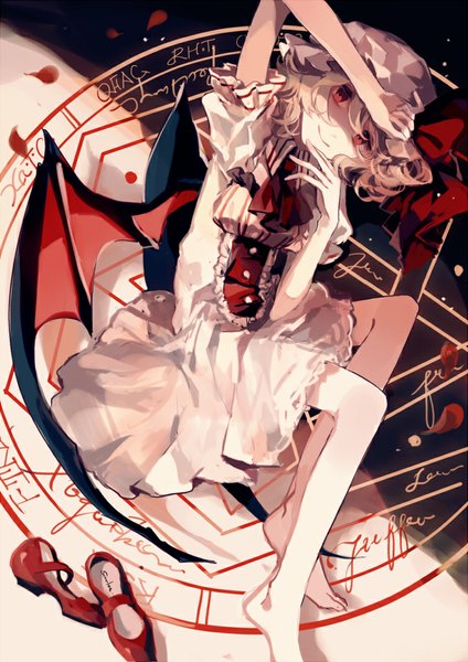 Anime picture 750x1060 with touhou remilia scarlet clea single tall image looking at viewer short hair smile red eyes pink hair lying barefoot no shoes magic hand on head bat wings girl dress petals wings