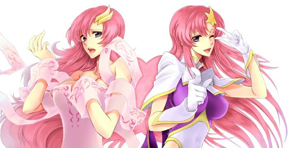 Anime picture 1024x523 with mobile suit gundam gundam seed destiny sunrise (studio) lacus clyne meer campbell maki (110maki011) long hair looking at viewer open mouth simple background wide image white background multiple girls pink hair one eye closed wink grey eyes pointing singing girl