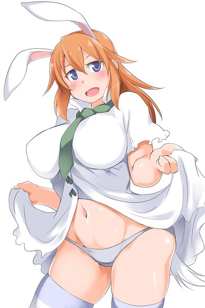 Anime picture 600x900 with strike witches charlotte e yeager kuronyan single long hair tall image blush fringe breasts open mouth blue eyes light erotic simple background large breasts white background animal ears tail animal tail orange hair bunny ears