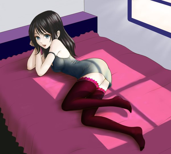 Anime picture 1000x900 with original erurodo (artist) single long hair looking at viewer breasts open mouth blue eyes light erotic black hair lying shadow on side strap slip girl thighhighs dress window bed short dress