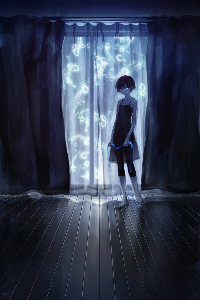 Anime picture 800x1200 with original nanase miri single tall image fringe short hair black hair holding barefoot glowing glow girl ribbon (ribbons) glasses curtains transparent clothing