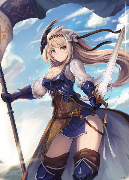 Anime picture 1200x1675 with granblue fantasy jeanne d'arc (granblue fantasy) eruthika single long hair tall image looking at viewer blush fringe blue eyes light erotic blonde hair brown hair standing holding sky cleavage cloud (clouds) outdoors hair flower