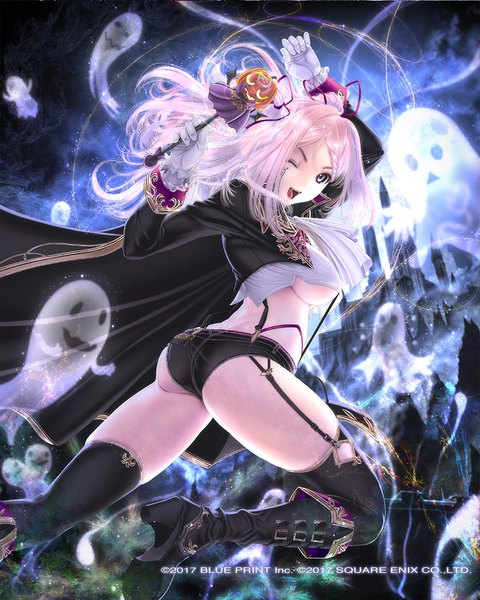 Anime picture 800x1000 with venus rumble freja sumomo kpa single long hair tall image breasts open mouth blue eyes light erotic large breasts holding pink hair ass one eye closed wink official art two side up halloween ghost