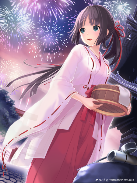 Anime picture 640x853 with ilog sugawara kagura occhan single long hair tall image blush blue eyes black hair smile standing holding looking away sky ponytail long sleeves traditional clothes japanese clothes wide sleeves miko