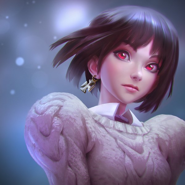 Anime picture 900x900 with anna nikonova newmilky single fringe short hair red eyes brown hair looking away lips girl earrings sweater