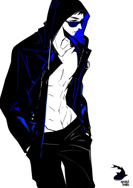 Anime picture 566x800 with free! kyoto animation yamazaki sosuke zmore single tall image fringe short hair light erotic black hair simple background standing white background open jacket alternate costume eyebrows muscle walking hands in pockets polychromatic