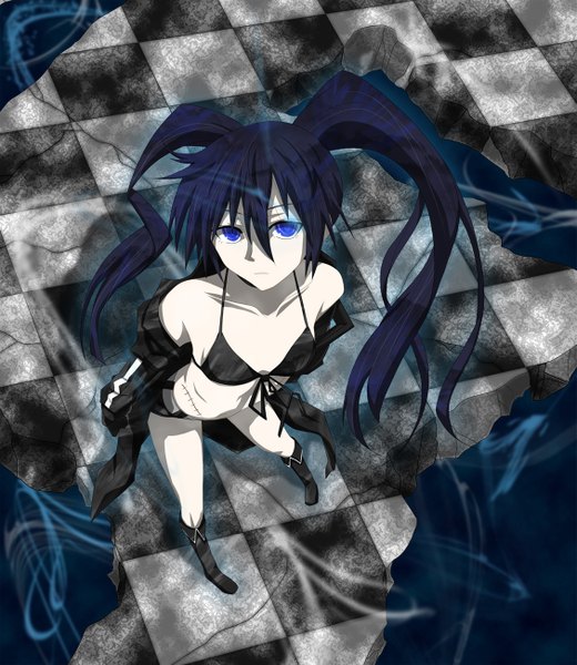 Anime picture 1127x1300 with black rock shooter black rock shooter (character) watarui single long hair tall image looking at viewer blue eyes black hair twintails glowing scar glowing eye (eyes) checkered floor girl shorts boots cloak bikini top