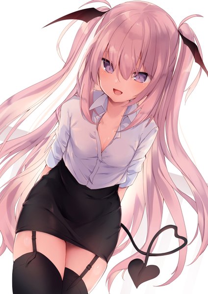 Anime picture 1191x1684 with original kedama milk single tall image looking at viewer blush fringe breasts open mouth light erotic simple background hair between eyes standing white background purple eyes payot pink hair cleavage tail long sleeves