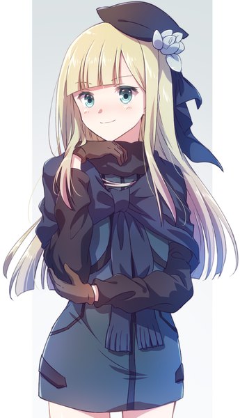 Anime picture 2400x4165 with fate (series) lord el-melloi ii case files reines el-melloi archisorte nyaa (nnekoron) single long hair tall image looking at viewer fringe highres blue eyes blonde hair standing upper body blunt bangs light smile girl gloves hat shawl