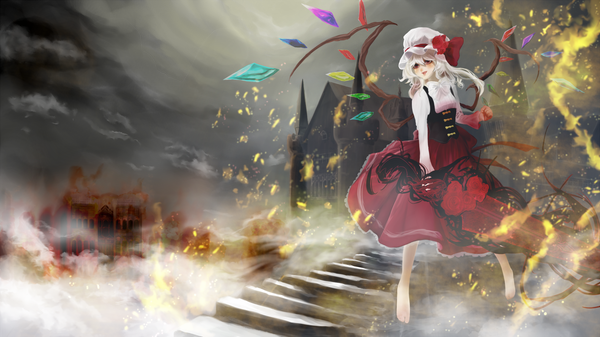 Anime picture 1754x987 with touhou flandre scarlet helichrysum single highres short hair red eyes wide image white hair barefoot girl dress weapon sword wings bonnet