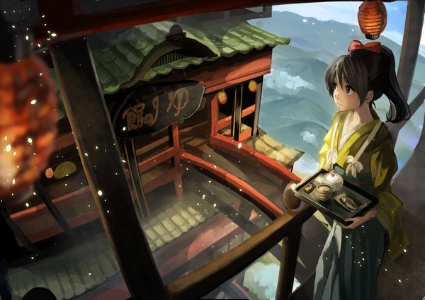Anime picture 4093x2894 with original tsukun112 single long hair highres black hair brown eyes looking away absurdres ponytail traditional clothes japanese clothes scenic girl food kimono fence tray japanese house