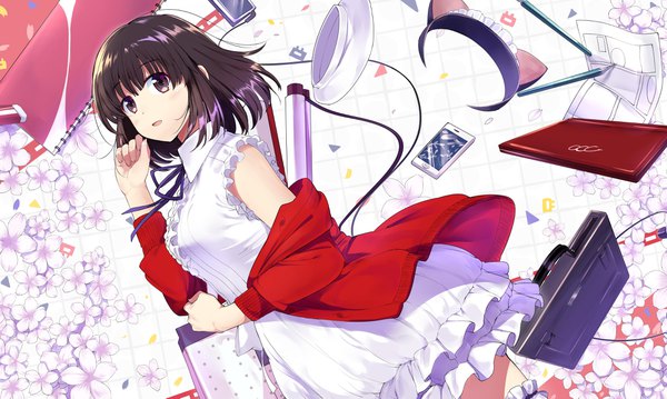 Anime picture 4096x2457 with saenai heroine no sodatekata a-1 pictures katou megumi touzai single highres short hair open mouth black hair wide image brown eyes animal ears looking away absurdres parted lips fake animal ears frilled dress girl dress flower (flowers)