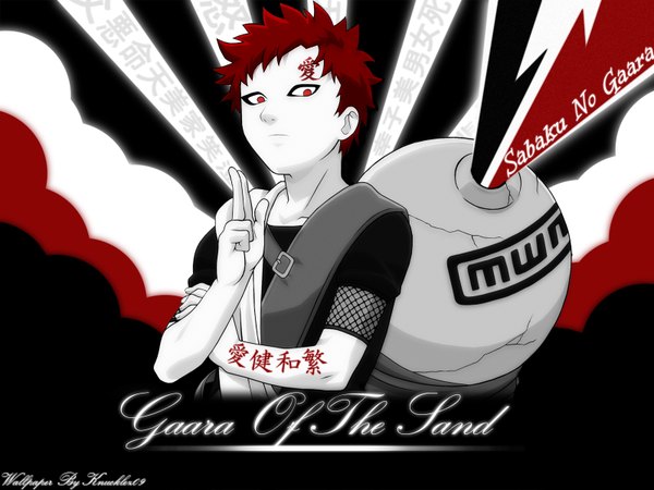 Anime picture 1600x1200 with naruto studio pierrot naruto (series) gaara single short hair red eyes upper body red hair inscription character names hieroglyph looking down jinchuriki forehead mark polychromatic body writing high contrast boy