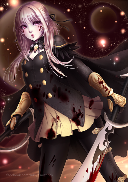 Anime picture 919x1300 with original lukiya single long hair tall image looking at viewer standing pink hair pink eyes night night sky blood stains girl gloves ribbon (ribbons) weapon hair ribbon sword armor blood