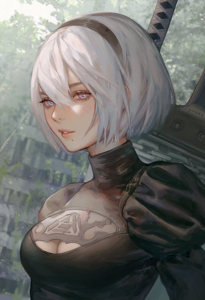 Anime picture 685x1000 with nier nier:automata yorha no. 2 type b yueko (jiayue wu) single tall image fringe short hair blue eyes hair between eyes cleavage silver hair upper body parted lips mole cleavage cutout mole under mouth girl weapon headband