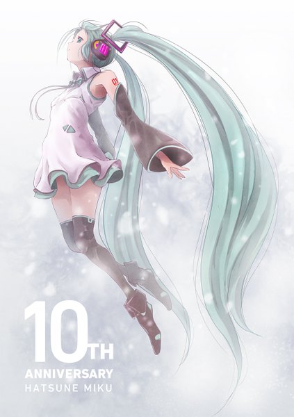 Anime picture 900x1275 with vocaloid hatsune miku satyuas single tall image twintails full body very long hair profile aqua eyes aqua hair character names midair anniversary girl thighhighs black thighhighs detached sleeves shoes headphones
