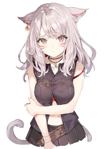 Anime picture 899x1220 with final fantasy final fantasy xiv square enix miqo'te momoko (momopoco) single long hair tall image looking at viewer blush fringe breasts simple background white background animal ears silver hair upper body tail animal tail pleated skirt