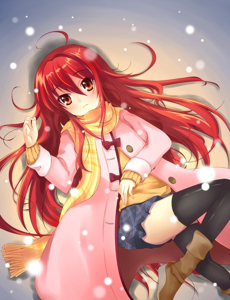 Anime picture 1724x2242 with shakugan no shana j.c. staff shana qiuzhi huiyi single long hair tall image highres red eyes ahoge red hair lying snowing winter snow messy hair girl thighhighs skirt black thighhighs