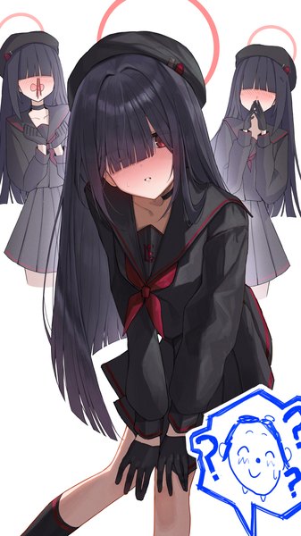 Anime picture 4500x8000 with blue archive sensei (blue archive) doodle sensei (blue archive) justice committee club member (blue archive) kuren kren long hair tall image looking at viewer fringe highres black hair red eyes white background multiple girls absurdres blunt bangs leaning leaning forward hair over eyes ?
