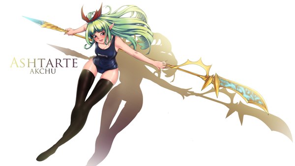 Anime picture 3500x1969 with dungeon and fighter akchu single long hair highres breasts light erotic simple background smile wide image large breasts white background purple eyes signed payot looking away parted lips green hair from above pointy ears