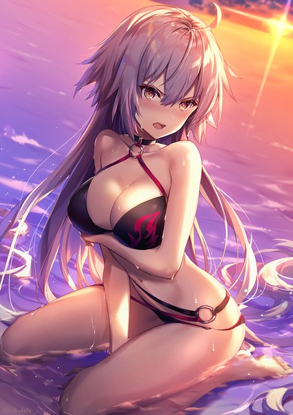 Anime picture 566x800 with fate (series) fate/grand order jeanne d'arc (fate) (all) jeanne d'arc alter (fate) jeanne d'arc alter (swimsuit berserker) (fate) riichu single tall image blush fringe breasts open mouth light erotic hair between eyes large breasts yellow eyes payot cleavage silver hair ahoge