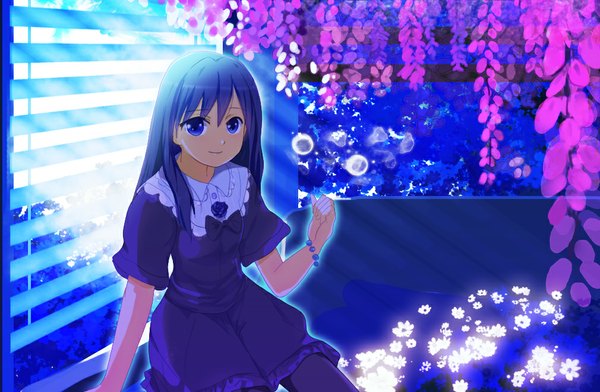 Anime picture 1010x660 with original canji0 single long hair looking at viewer blue eyes blue hair girl dress flower (flowers) wisteria
