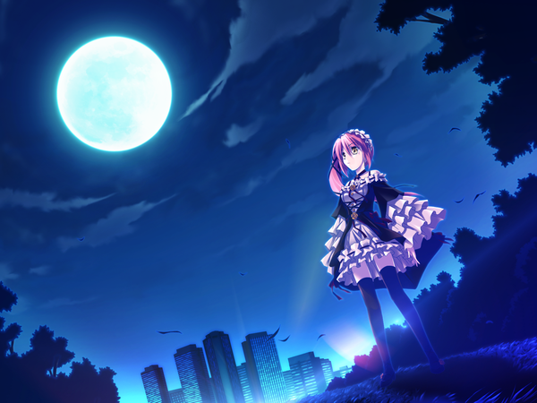 Anime picture 1600x1200 with bloody rondo (game) makita maki single long hair yellow eyes pink hair game cg night girl thighhighs dress black thighhighs building (buildings) moon