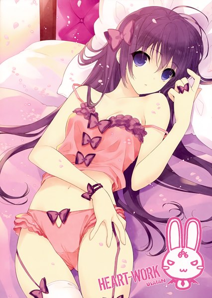 Anime picture 2486x3500 with suzuhira hiro single long hair tall image highres blue eyes light erotic bare shoulders absurdres purple hair lying cameltoe girl navel underwear panties ribbon (ribbons) hair ribbon petals lingerie