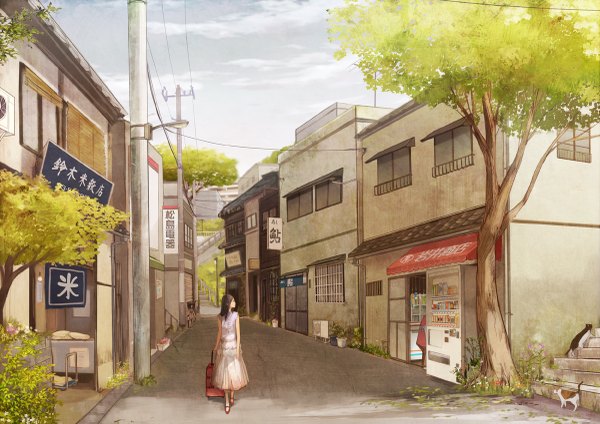 Anime picture 1200x849 with original shigureteki long hair black hair sky cloud (clouds) city street girl dress plant (plants) tree (trees) cat ground vehicle stairs wire (wires) suitcase bicycle shop