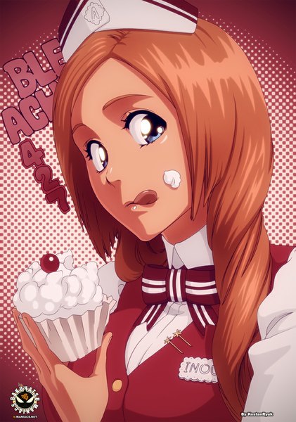 Anime picture 701x1000 with bleach studio pierrot inoue orihime kostanryuk single long hair tall image blue eyes simple background brown hair inscription coloring food on face girl food headdress sweets tongue bowtie berry (berries)