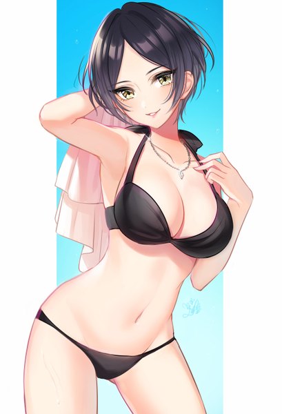 Anime picture 2016x2959 with idolmaster idolmaster cinderella girls hayami kanade mairo (ilo) single tall image looking at viewer blush highres short hair breasts light erotic black hair simple background smile large breasts signed yellow eyes cleavage parted lips