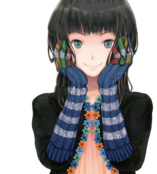 Anime picture 921x1020 with original otoufu single long hair tall image looking at viewer black hair simple background smile white background green eyes hands on face girl gloves flower (flowers) jacket