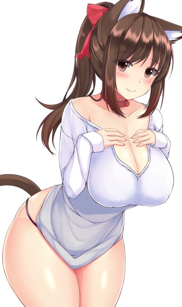 Anime picture 1190x2000 with original sogaya single long hair tall image looking at viewer blush fringe breasts light erotic simple background smile brown hair large breasts standing white background brown eyes animal ears payot cleavage
